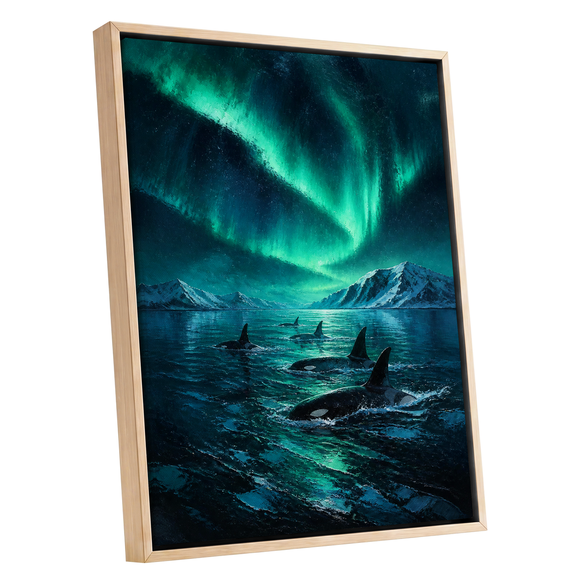 Aurora Orca Passage, green, blue, black nature wall art shown as a oak framed canvas wall art