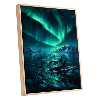 Aurora Orca Passage, green, blue, black nature wall art shown as a oak framed canvas wall art
