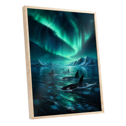 Aurora Orca Passage, green, blue, black nature wall art shown as a oak framed poster wall art print