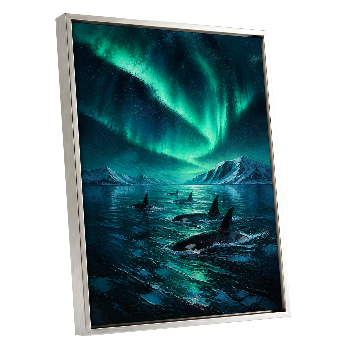 Aurora Orca Passage, green, blue, black nature wall art shown as a silver framed canvas wall art
