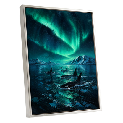 Aurora Orca Passage, green, blue, black nature wall art shown as a silver framed canvas wall art