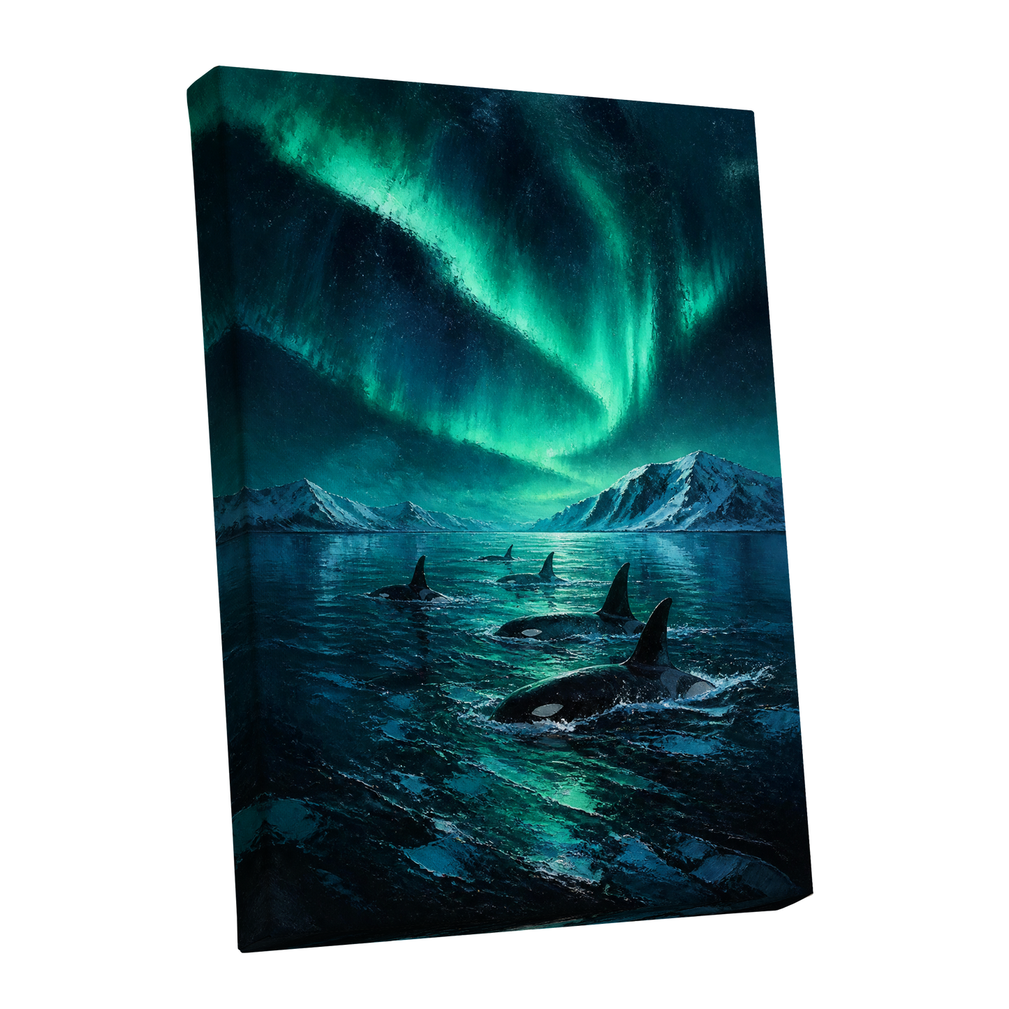 Aurora Orca Passage, green, blue, black nature wall art shown as a stretched canvas wall art