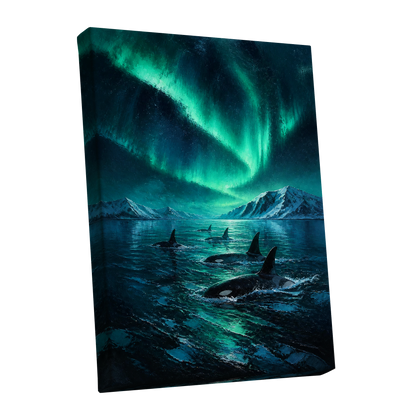 Aurora Orca Passage, green, blue, black nature wall art shown as a stretched canvas wall art
