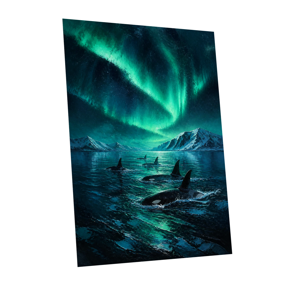 Aurora Orca Passage, green, blue, black nature wall art shown as a unframed poster wall art print