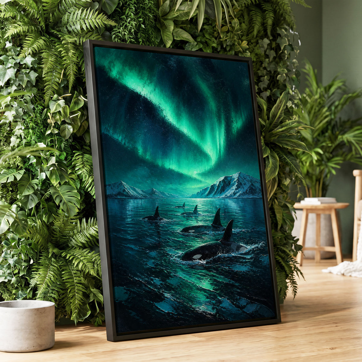 Aurora Orca Passage, green, blue, black nature wall art displayed in a styled interior, gallery view 1