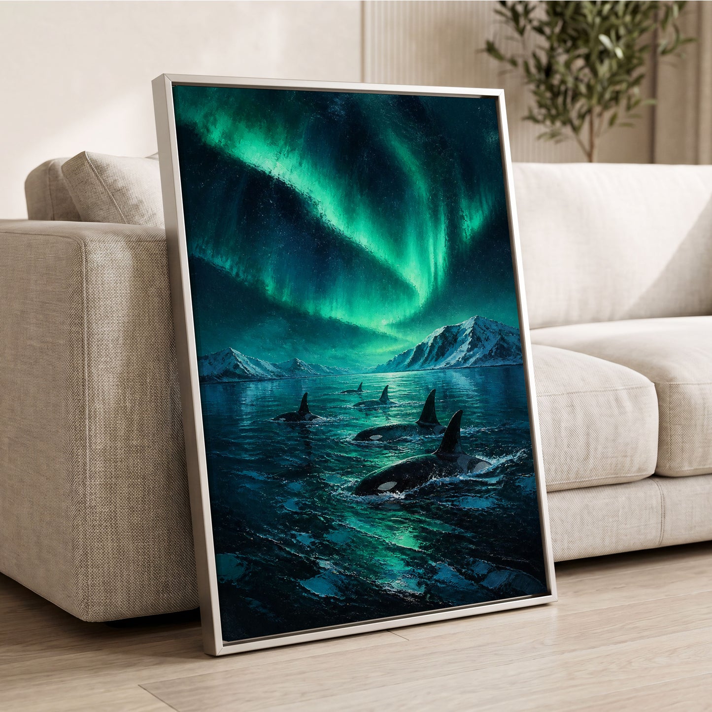 Aurora Orca Passage, green, blue, black nature wall art displayed in a styled interior, gallery view 2