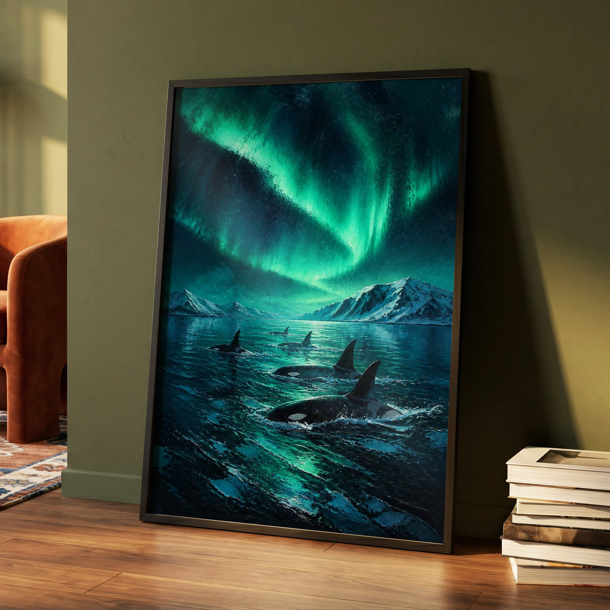 Aurora Orca Passage, green, blue, black nature wall art displayed in a styled interior, gallery view 4
