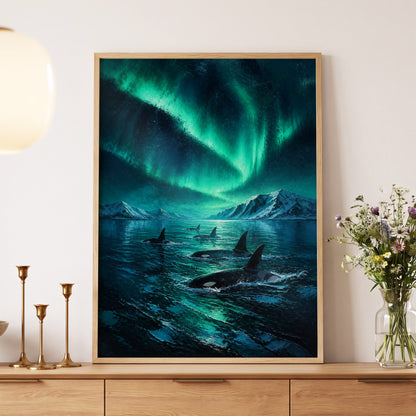 Aurora Orca Passage, green, blue, black nature wall art displayed in a styled interior, gallery view 5