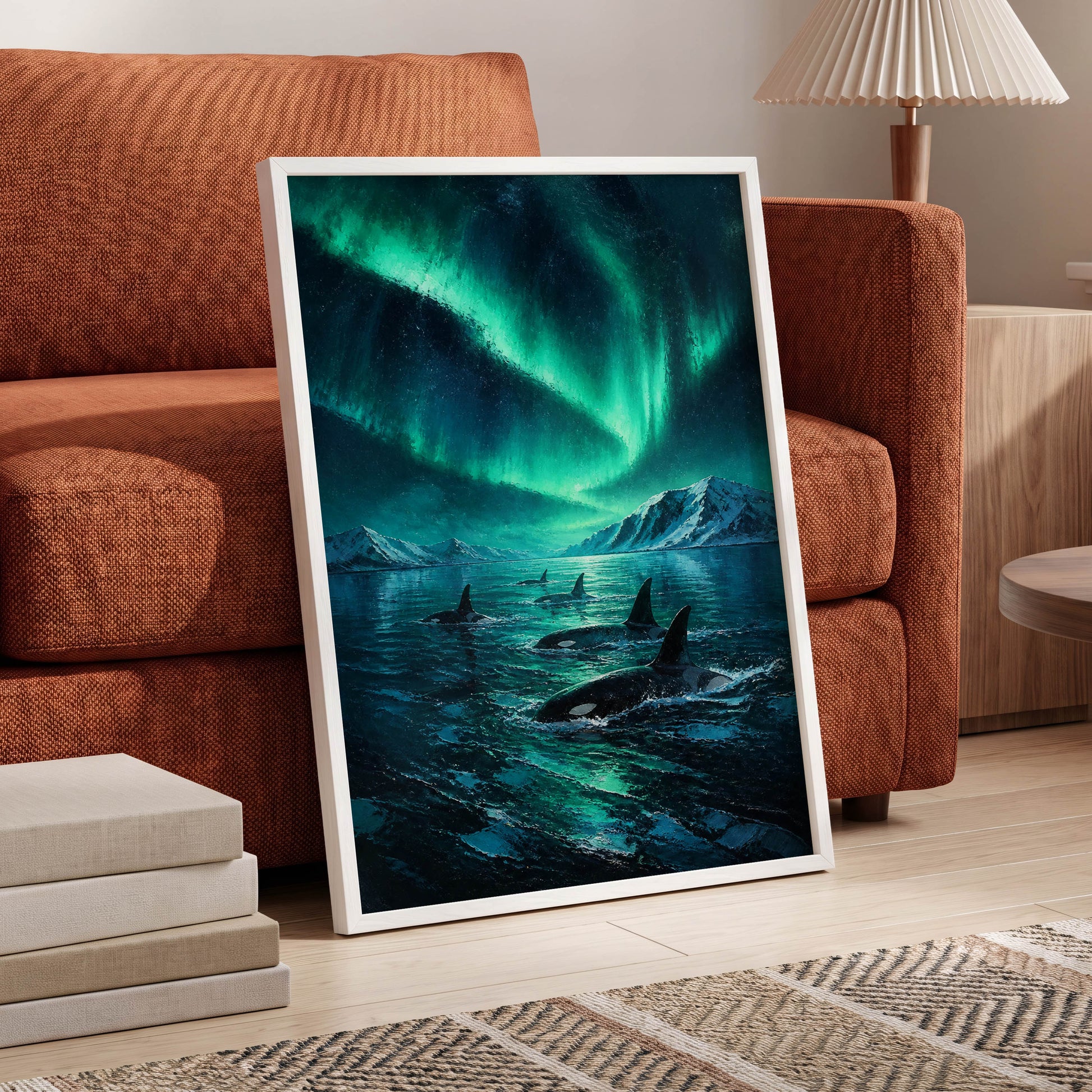 Aurora Orca Passage, green, blue, black nature wall art displayed in a styled interior, gallery view 6
