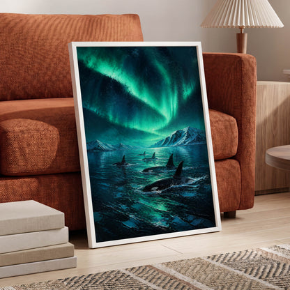 Aurora Orca Passage, green, blue, black nature wall art displayed in a styled interior, gallery view 6