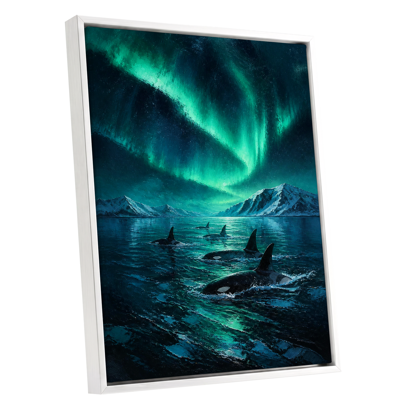 Aurora Orca Passage, green, blue, black nature wall art shown as a white framed canvas wall art