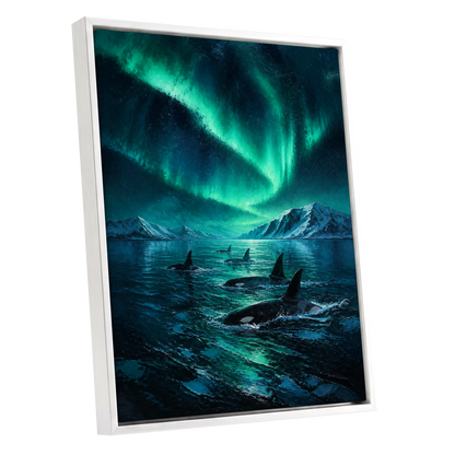 Aurora Orca Passage, green, blue, black nature wall art shown as a white framed canvas wall art