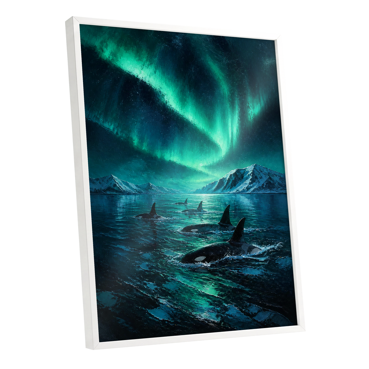 Aurora Orca Passage, green, blue, black nature wall art shown as a white framed poster wall art print