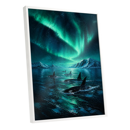 Aurora Orca Passage, green, blue, black nature wall art shown as a white framed poster wall art print