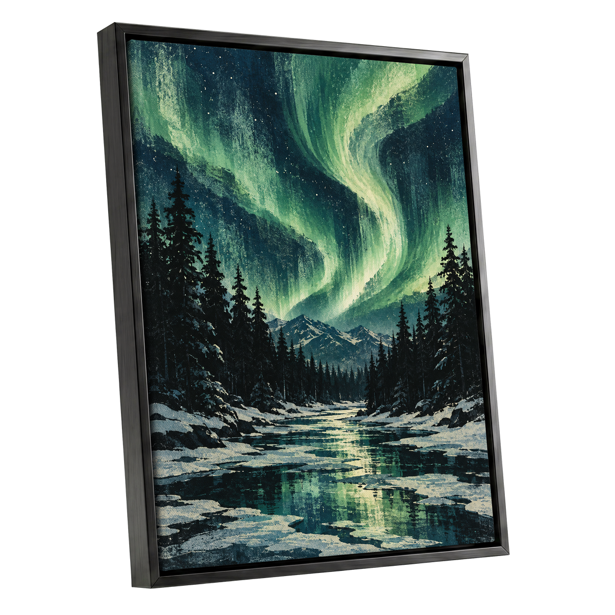 Aurora Over Still Waters, green, blue, black nature wall art shown as a black framed canvas wall art