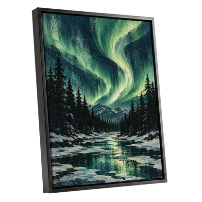Aurora Over Still Waters, green, blue, black nature wall art shown as a black framed canvas wall art