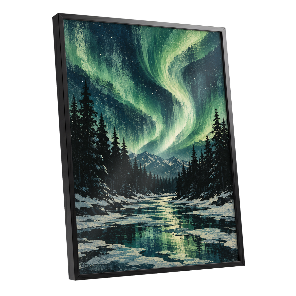 Aurora Over Still Waters, green, blue, black nature wall art shown as a black framed poster wall art print