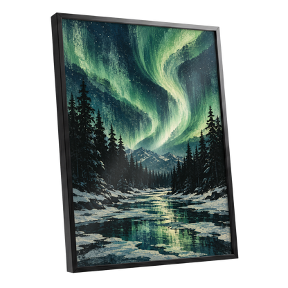 Aurora Over Still Waters, green, blue, black nature wall art shown as a black framed poster wall art print
