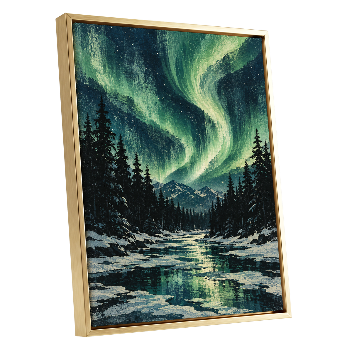Aurora Over Still Waters, green, blue, black nature wall art shown as a gold framed canvas wall art