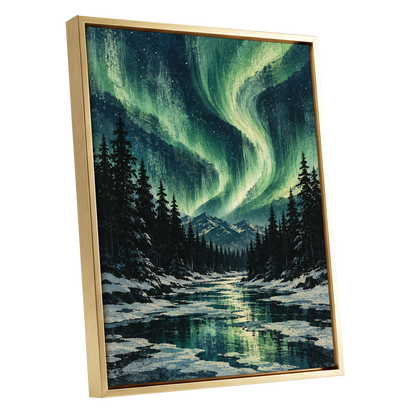 Aurora Over Still Waters, green, blue, black nature wall art shown as a gold framed canvas wall art