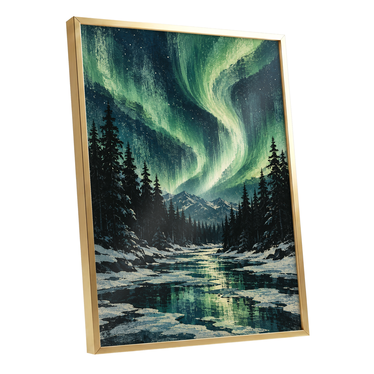 Aurora Over Still Waters, green, blue, black nature wall art shown as a gold framed poster wall art print