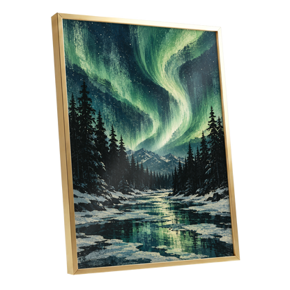 Aurora Over Still Waters, green, blue, black nature wall art shown as a gold framed poster wall art print