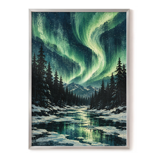 Aurora Over Still Waters, green, blue, black nature wall art, front artwork view