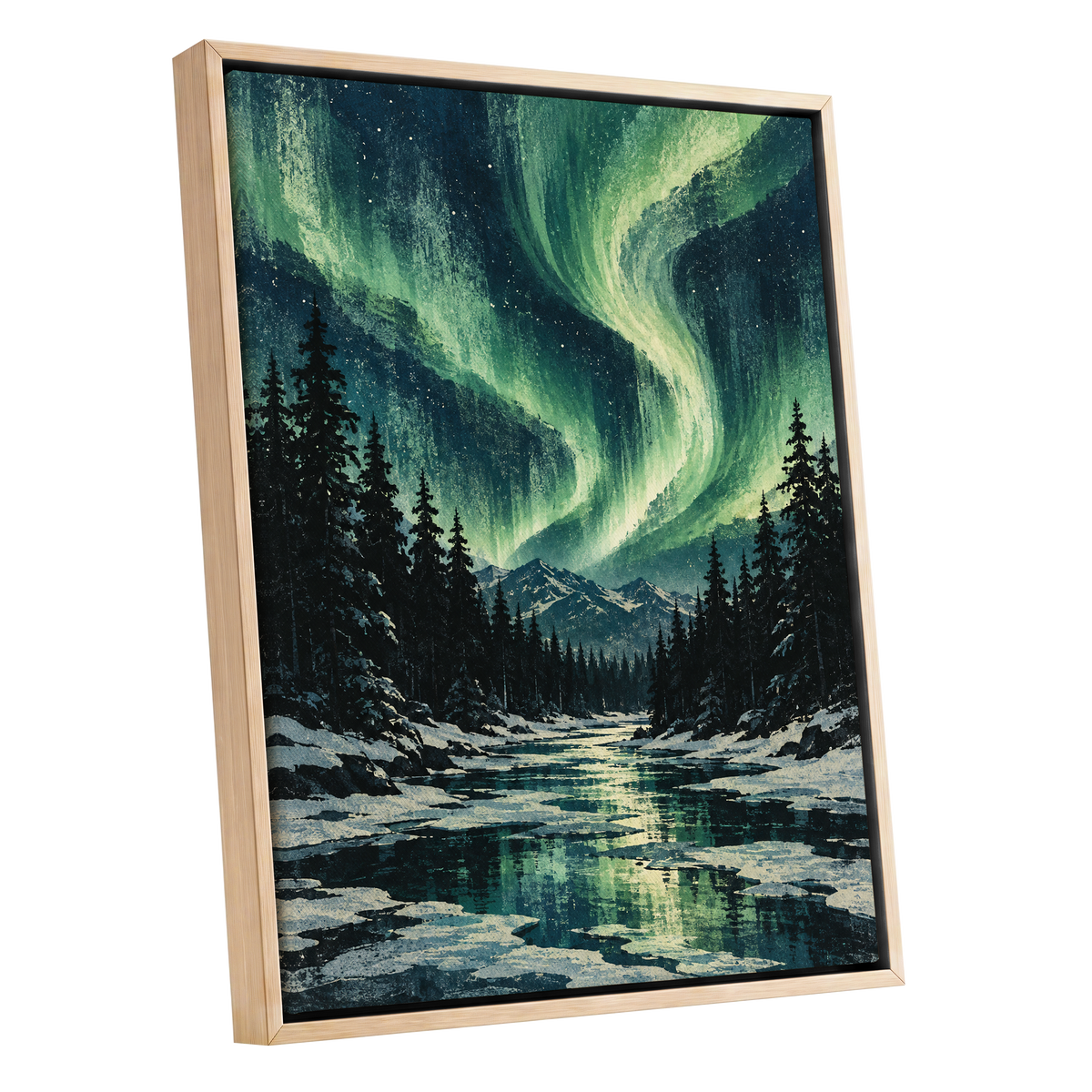 Aurora Over Still Waters, green, blue, black nature wall art shown as a oak framed canvas wall art