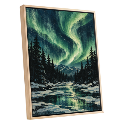 Aurora Over Still Waters, green, blue, black nature wall art shown as a oak framed canvas wall art