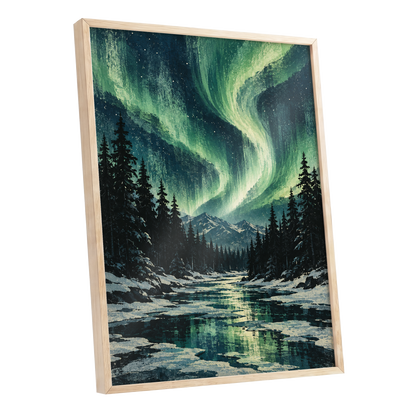 Aurora Over Still Waters, green, blue, black nature wall art shown as a oak framed poster wall art print