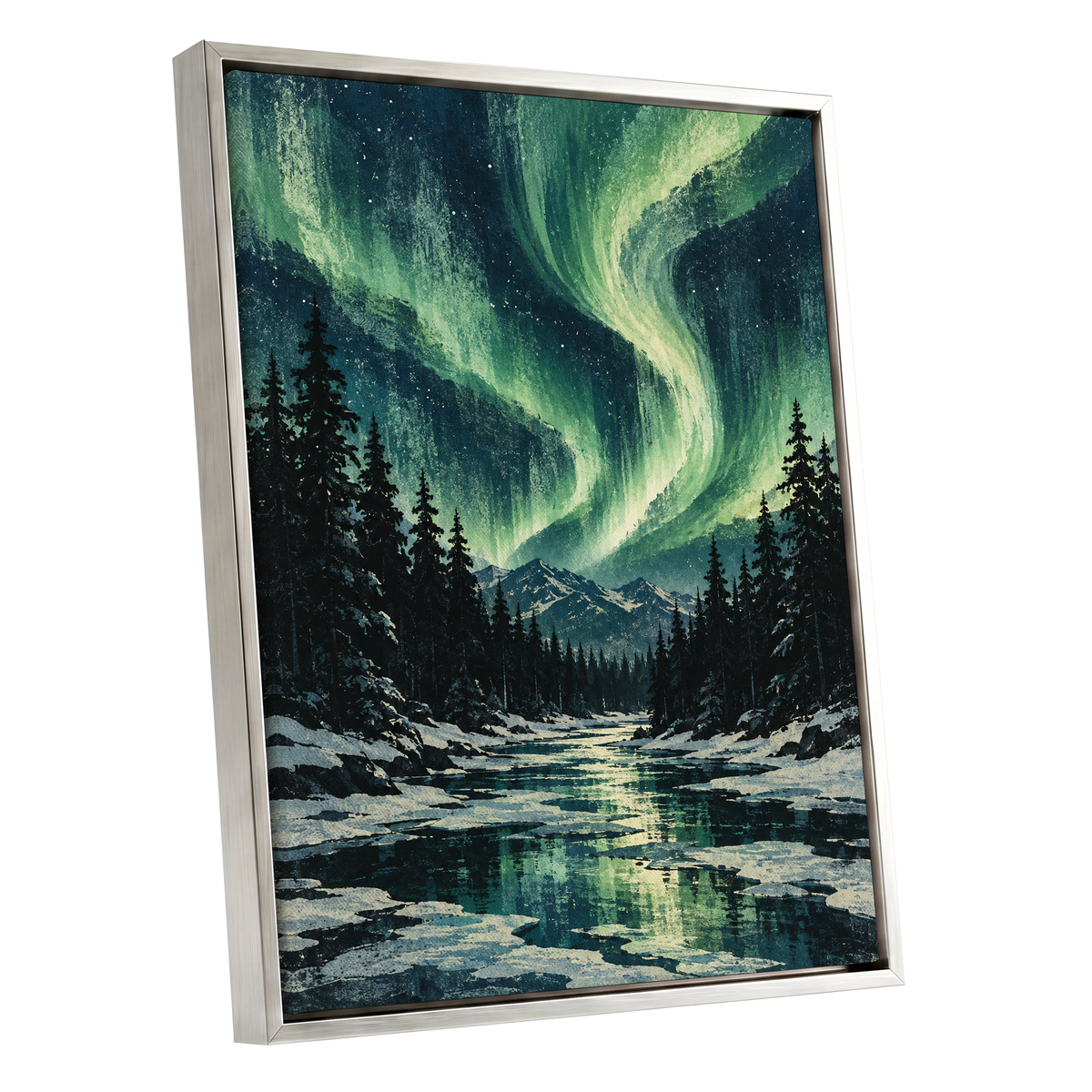 Aurora Over Still Waters, green, blue, black nature wall art shown as a silver framed canvas wall art