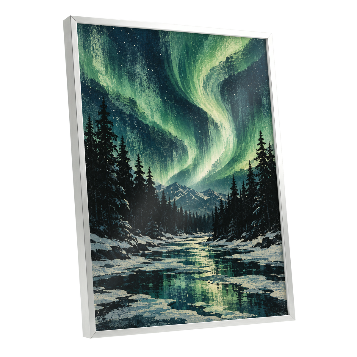 Aurora Over Still Waters, green, blue, black nature wall art shown as a silver framed poster wall art print