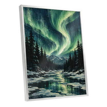 Aurora Over Still Waters, green, blue, black nature wall art shown as a silver framed poster wall art print