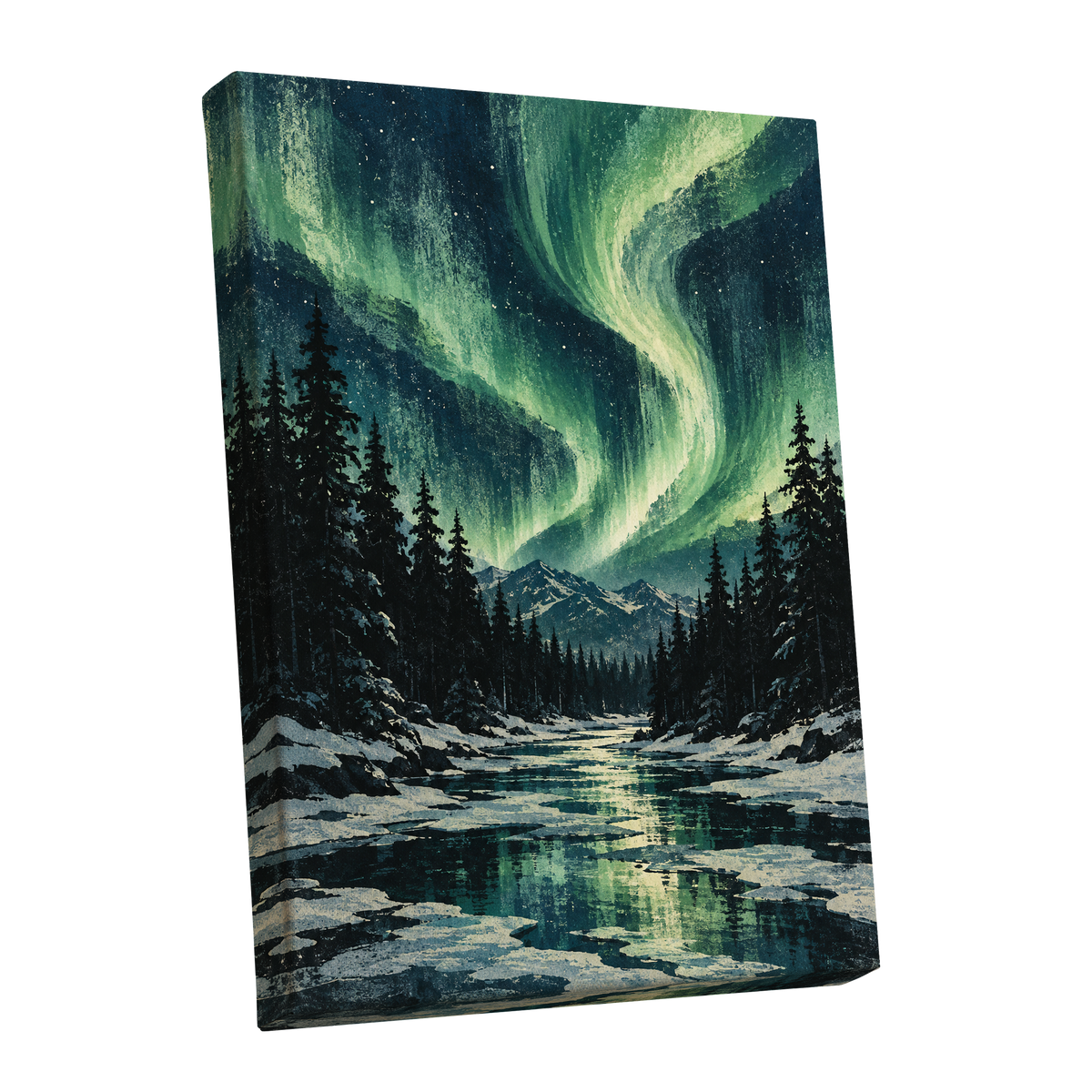 Aurora Over Still Waters, green, blue, black nature wall art shown as a stretched canvas wall art