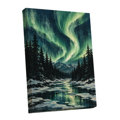 Aurora Over Still Waters, green, blue, black nature wall art shown as a stretched canvas wall art