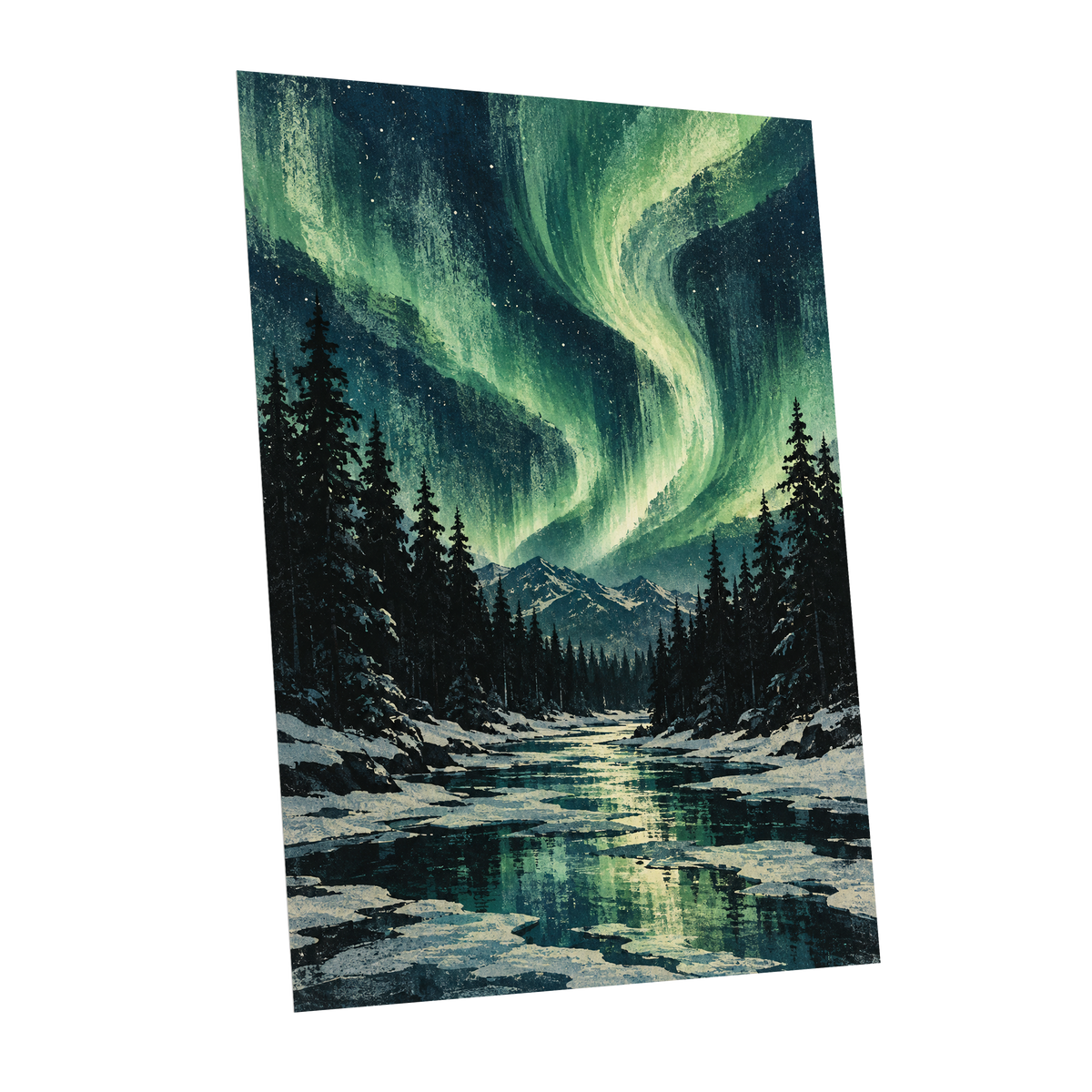 Aurora Over Still Waters, green, blue, black nature wall art shown as a unframed poster wall art print