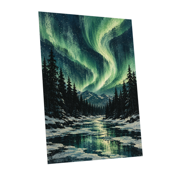 Aurora Over Still Waters, green, blue, black nature wall art shown as a unframed poster wall art print