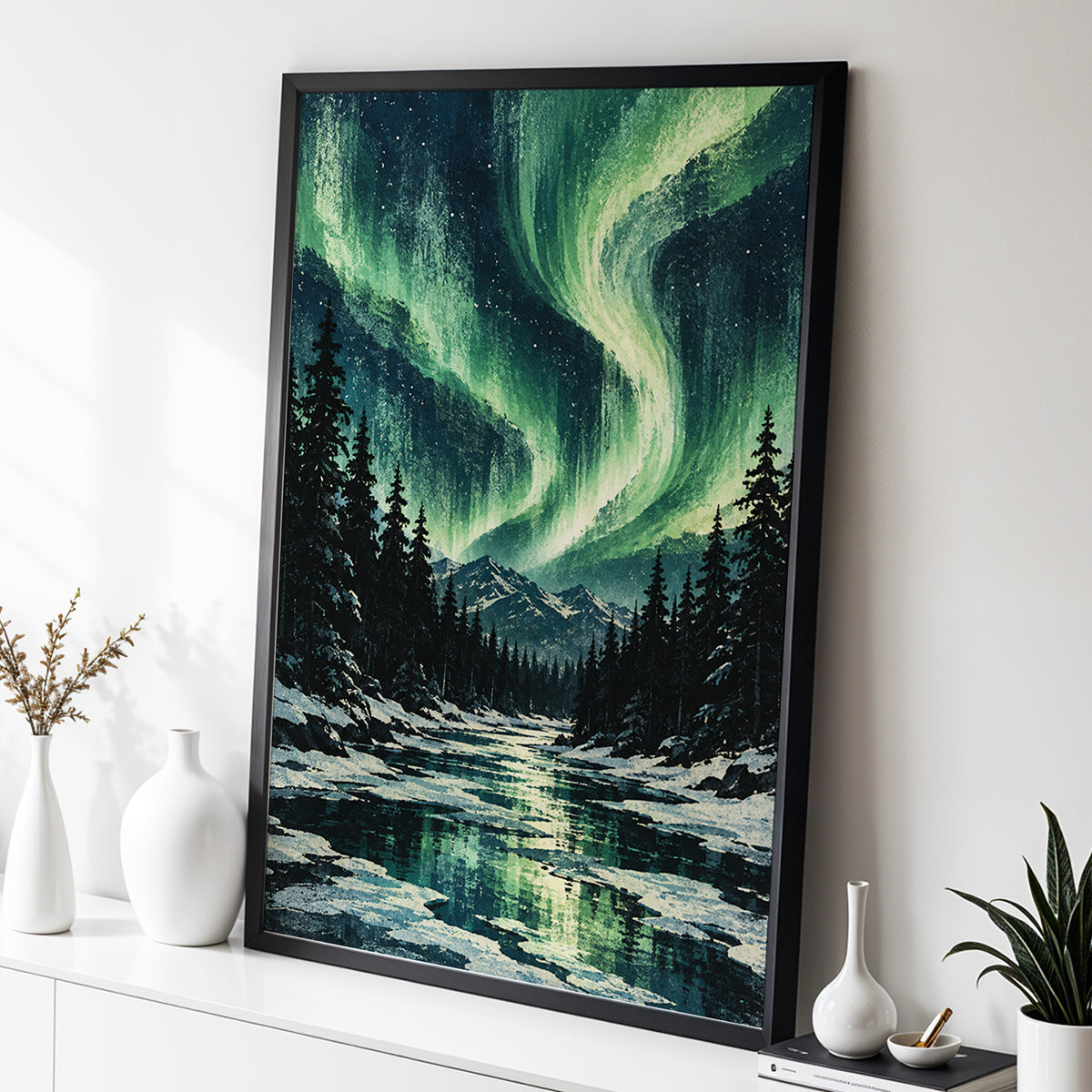 Aurora Over Still Waters, green, blue, black nature wall art displayed in a styled interior, gallery view 2