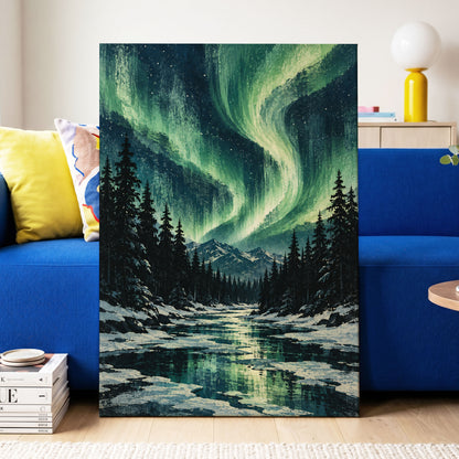 Aurora Over Still Waters, green, blue, black nature wall art displayed in a styled interior, gallery view 3