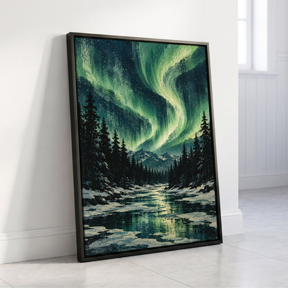 Aurora Over Still Waters, green, blue, black nature wall art displayed in a styled interior, gallery view 4
