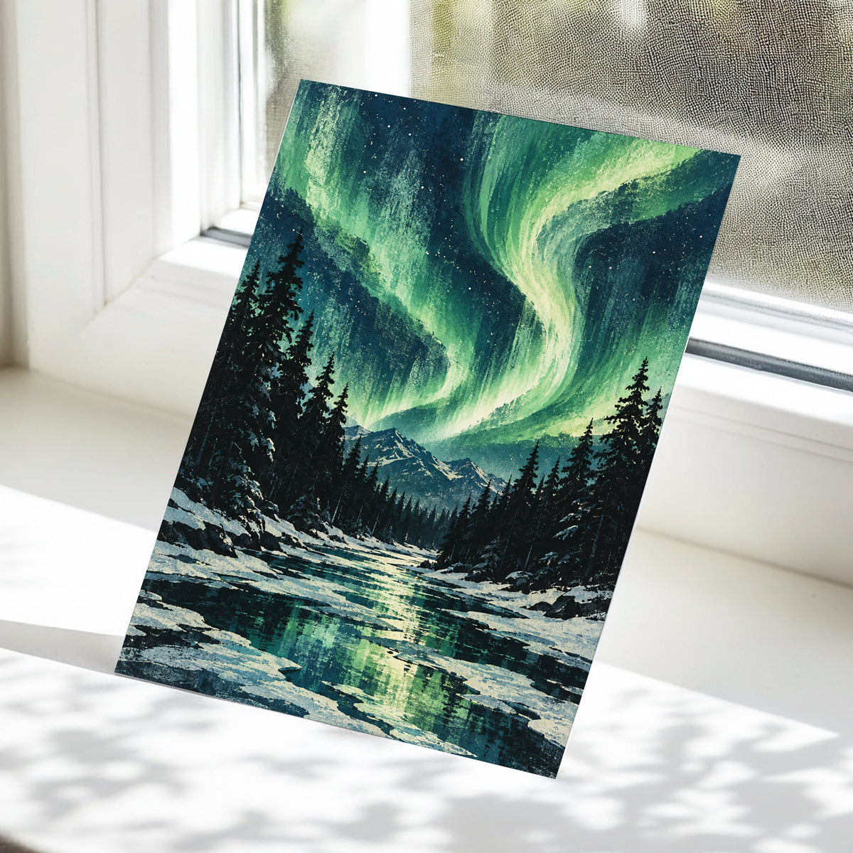 Aurora Over Still Waters, green, blue, black nature wall art displayed in a styled interior, gallery view 5