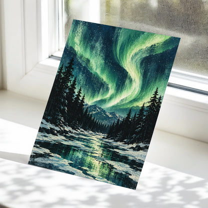 Aurora Over Still Waters, green, blue, black nature wall art displayed in a styled interior, gallery view 5