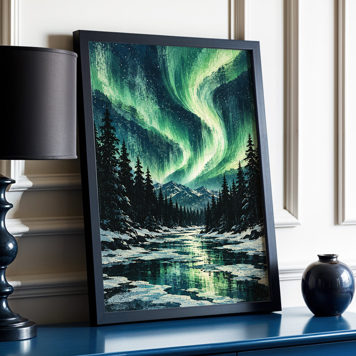 Aurora Over Still Waters, green, blue, black nature wall art displayed in a styled interior, gallery view 6