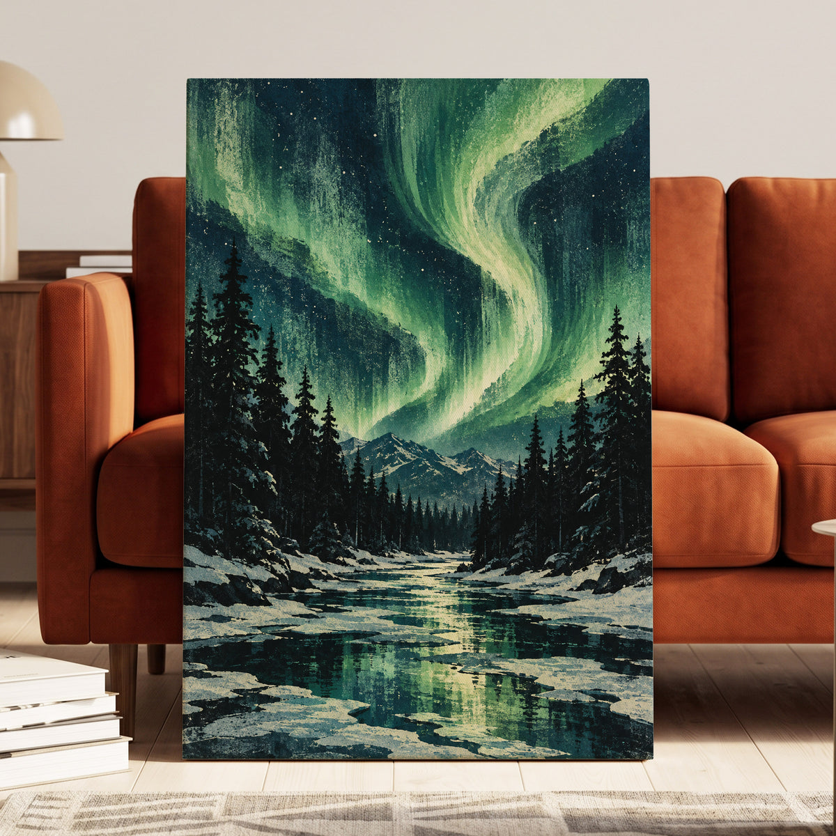 Aurora Over Still Waters, green, blue, black nature wall art displayed in a styled interior, gallery view 7