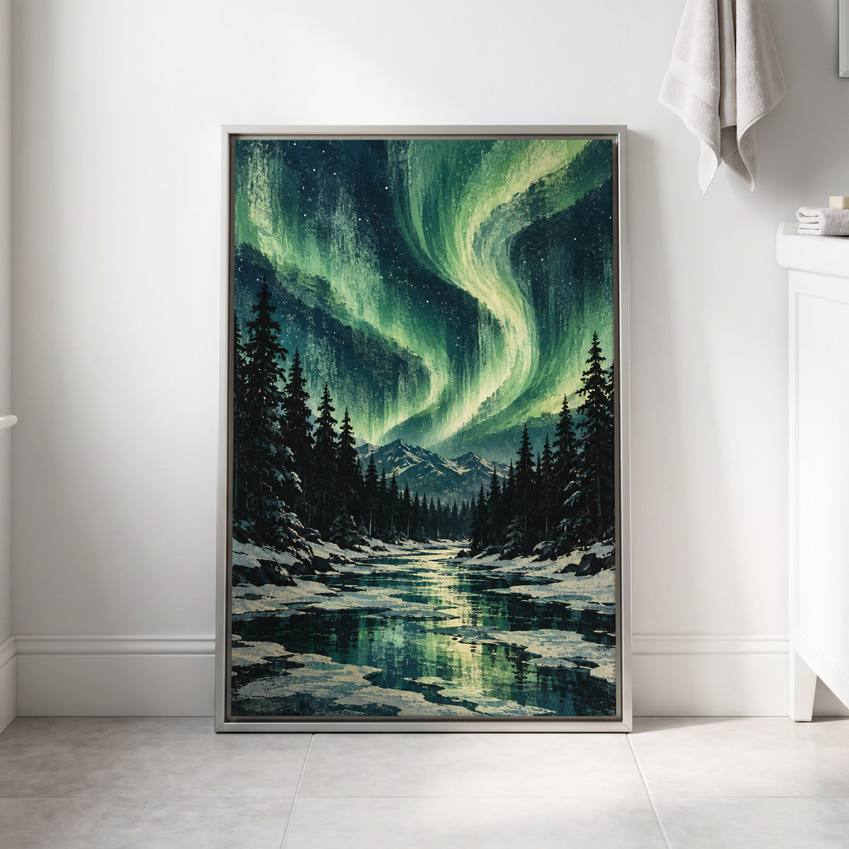 Aurora Over Still Waters, green, blue, black nature wall art displayed in a styled interior, gallery view 8