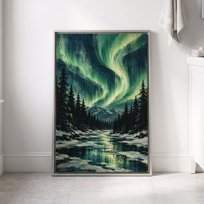 Aurora Over Still Waters, green, blue, black nature wall art displayed in a styled interior, gallery view 8