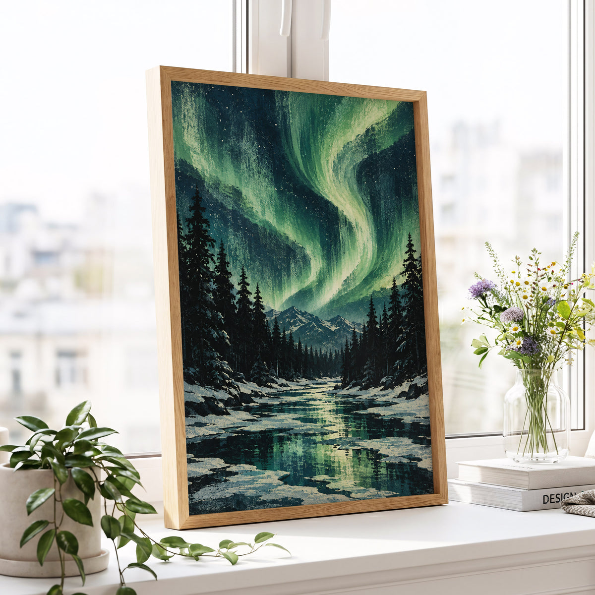Aurora Over Still Waters, green, blue, black nature wall art displayed in a styled interior, gallery view 9