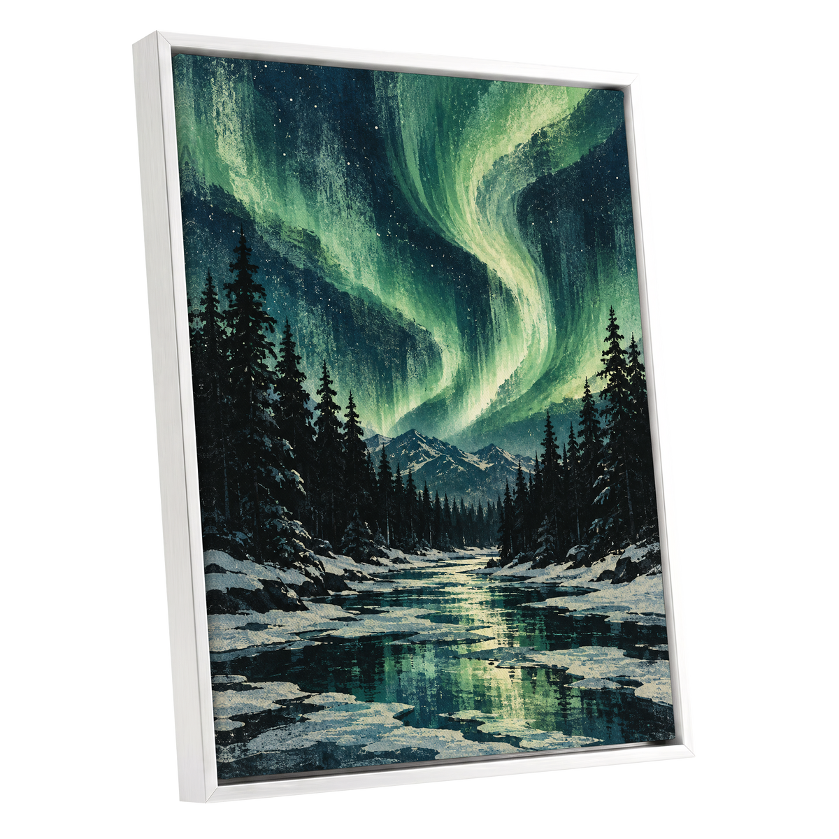 Aurora Over Still Waters, green, blue, black nature wall art shown as a white framed canvas wall art