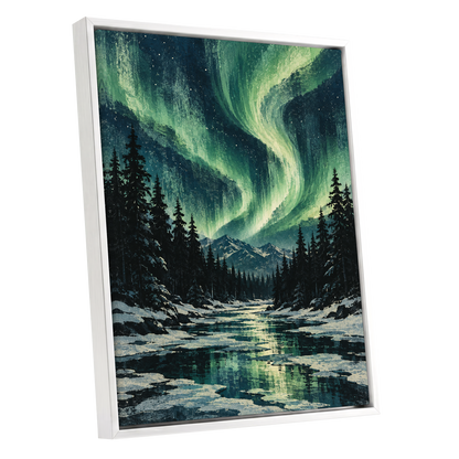 Aurora Over Still Waters, green, blue, black nature wall art shown as a white framed canvas wall art