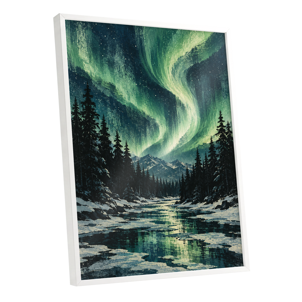Aurora Over Still Waters, green, blue, black nature wall art shown as a white framed poster wall art print